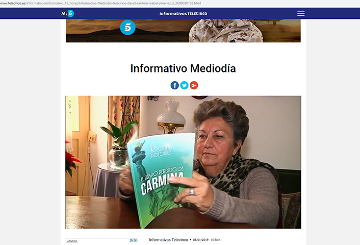 Informativos Telecinco hace hueco a nuestra autora Rafi Ortiz y a su libro El tiempo perdido de Carmina