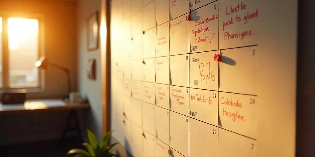 Calendario grande con fechas marcadas para el lanzamiento de un libro