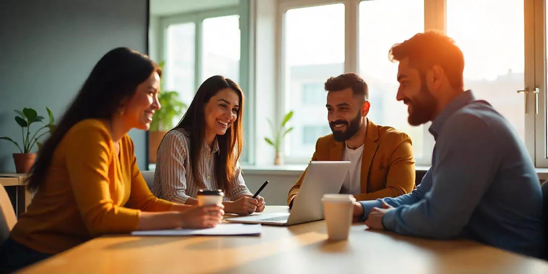 Equipo coordinando la estrategia de lanzamiento de un libro en una mesa de trabajo