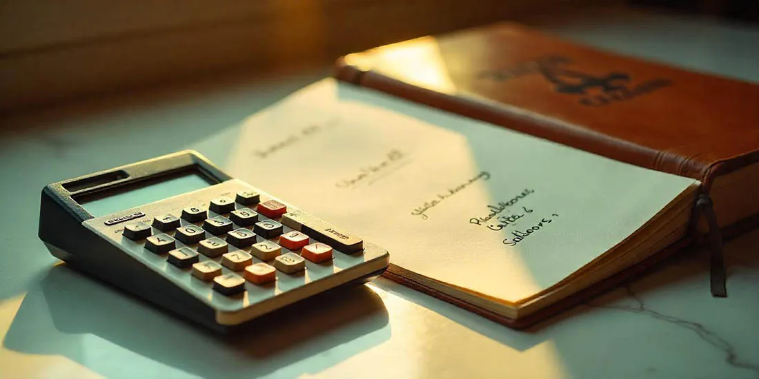 Calculadora, un bloc de notas y un libro, representando el presupuesto de autoedición
