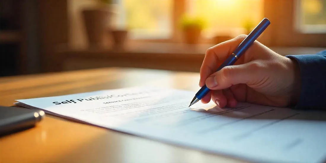 Contrato de servicios de autoedición con una mano firmando